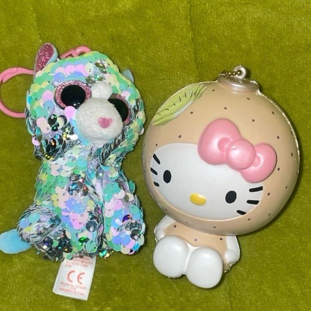 Hello Kitty Squishy & Whimsey TY Keychain Set Kids Backpack Clip Cats Girls Toys